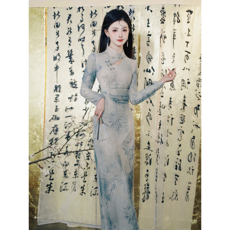 6822#实拍现货 新中式复古改良旗袍清冷感长袖连衣裙上架+40