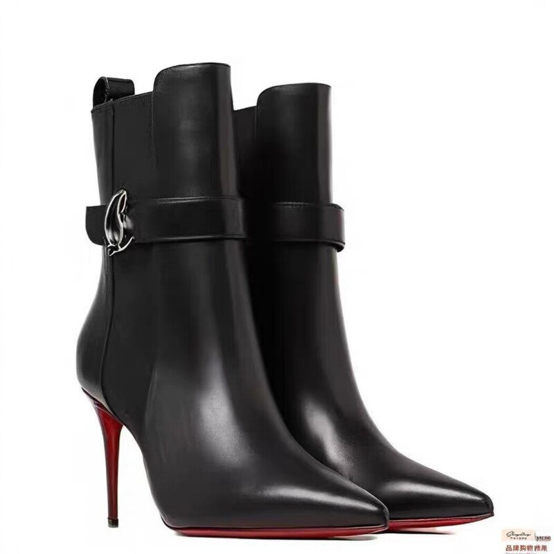 2025 New European and American Style Black Pointed-Toe High-Heeled Short Boots for Women with Thin Heels, Red Soles, Belt Buckle, Fashionable and Elegant Chelsea Boots 2025 New European and American Style Black Pointed-Toe High-Heeled Short Boots for Women with Thin Heels, Red Soles, Belt Buckle, Fashionable and Elegant Chelsea Boots