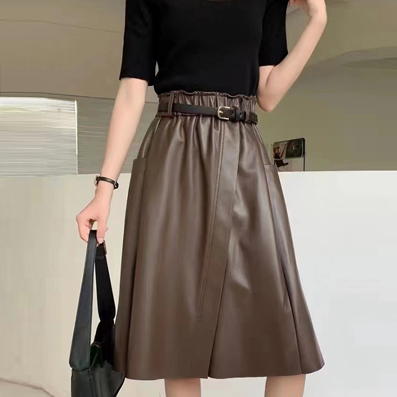 Spring, autumn and winter wearable new western style all-match high waist leather belt sheepskin long skirt pocket large swing split leather skirt