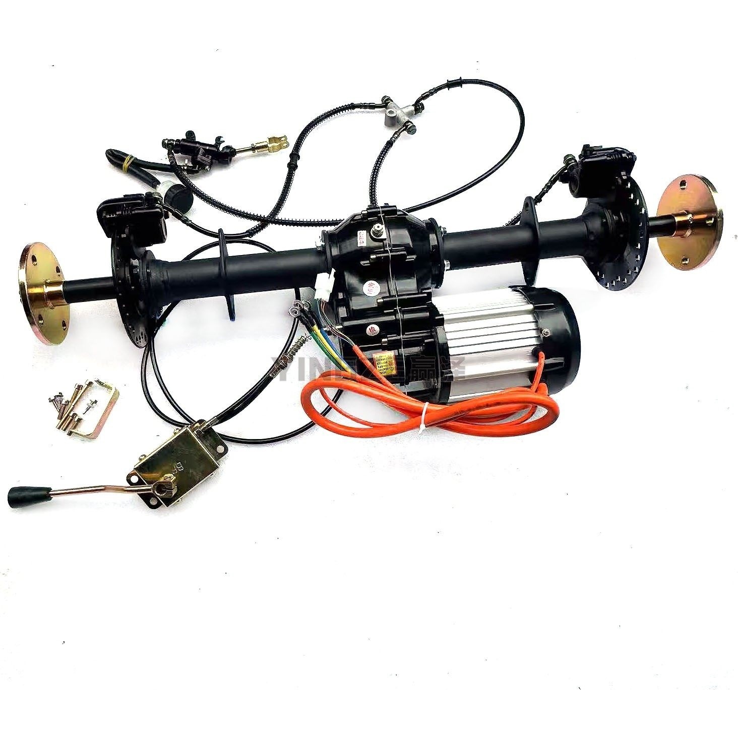 Modified four-wheel electric beach buggy kart parts: differential axle, transmission motor, rear axle, gear set, and dual disc brakes