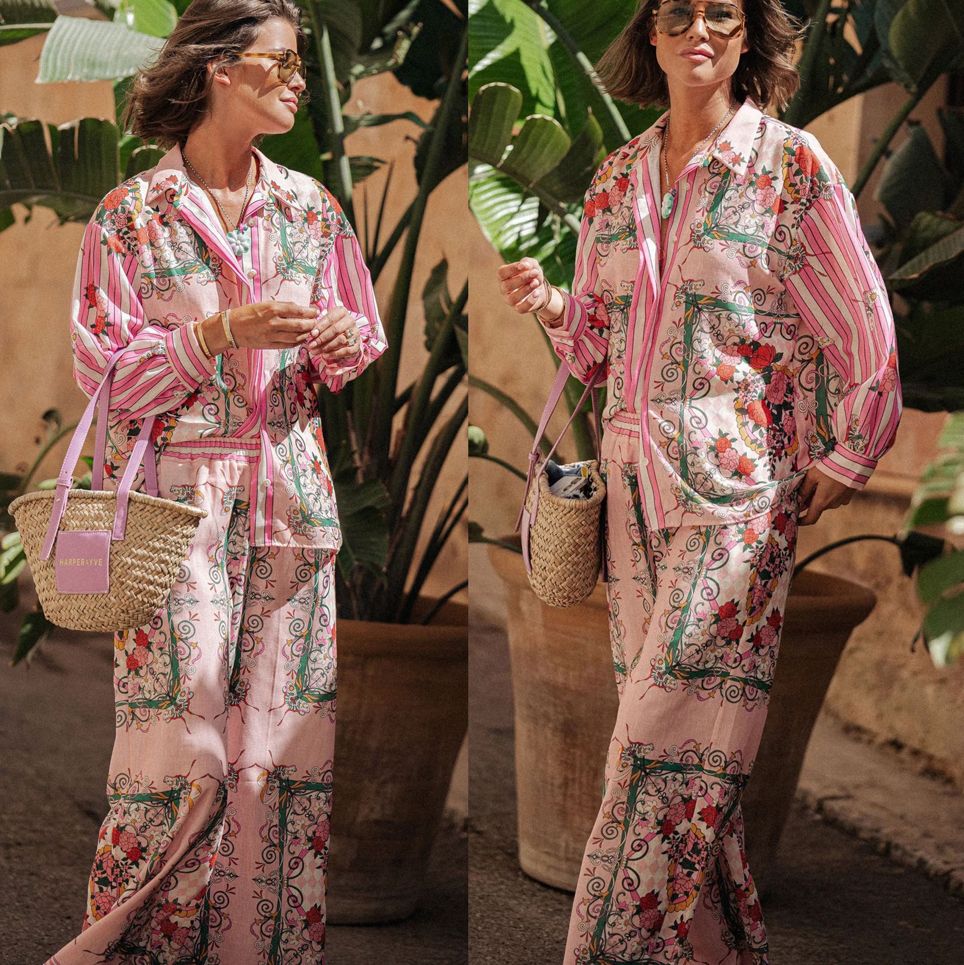 420g Weight Holiday Women's Casual Streetwear Stripe Flower Polyester Printing Button Pant Co-ord Set Pants Sets