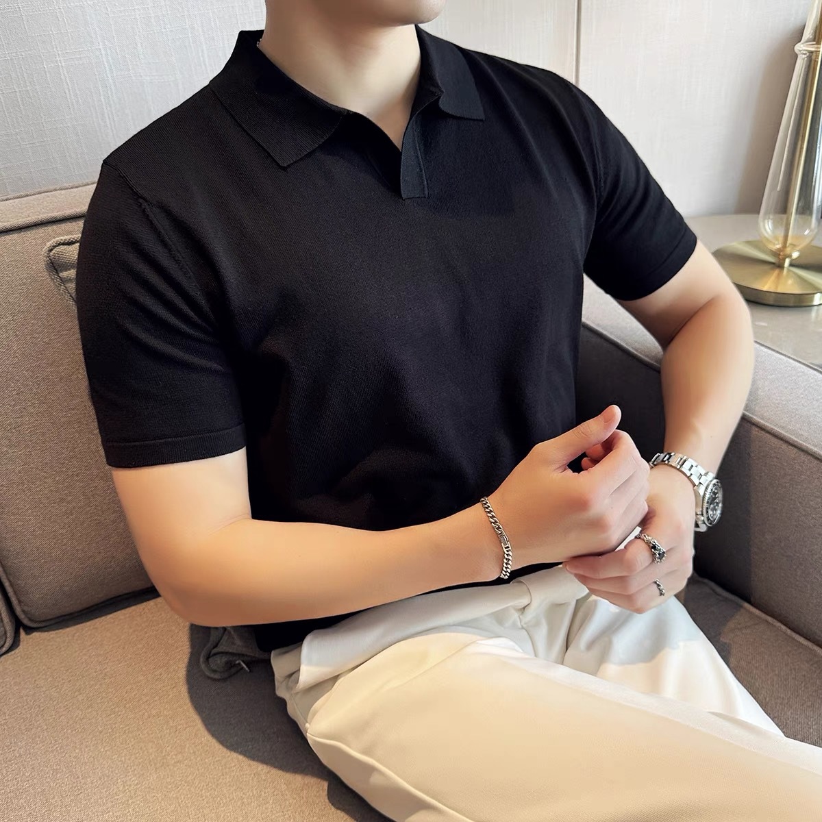 Camisa POLO de punto de color sólido para hombre, estilo fino de verano, seda de hielo, transpirable, manga corta ajustada, nueva solapa, camiseta multicolor