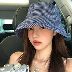 多巴胺条纹渔夫帽大帽檐女韩国可爱夏季格纹帽子显脸小防晒遮阳帽