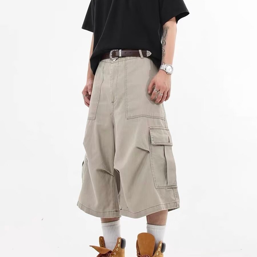 2025 Retro Large Pocket Workwear Cropped Retro Men's and Women's Summer Design Sense Loose Casual Wide Leg Pants