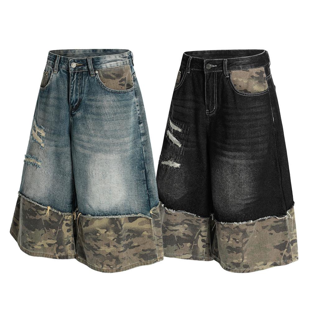 Pantaloncini di jeans camo patchwork da uomo effetto distressed_voghion.com