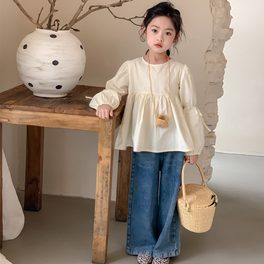 INS ropa para niños 2024 primavera niña lazo cinta camisa de manga larga de la muñeca media y grande niños niñas camisa de estilo coreano top