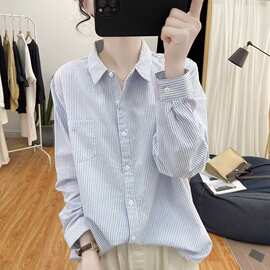 春秋新款棉质polo领条纹长袖衬衫女复古减龄上衣2025休闲打底衬衣