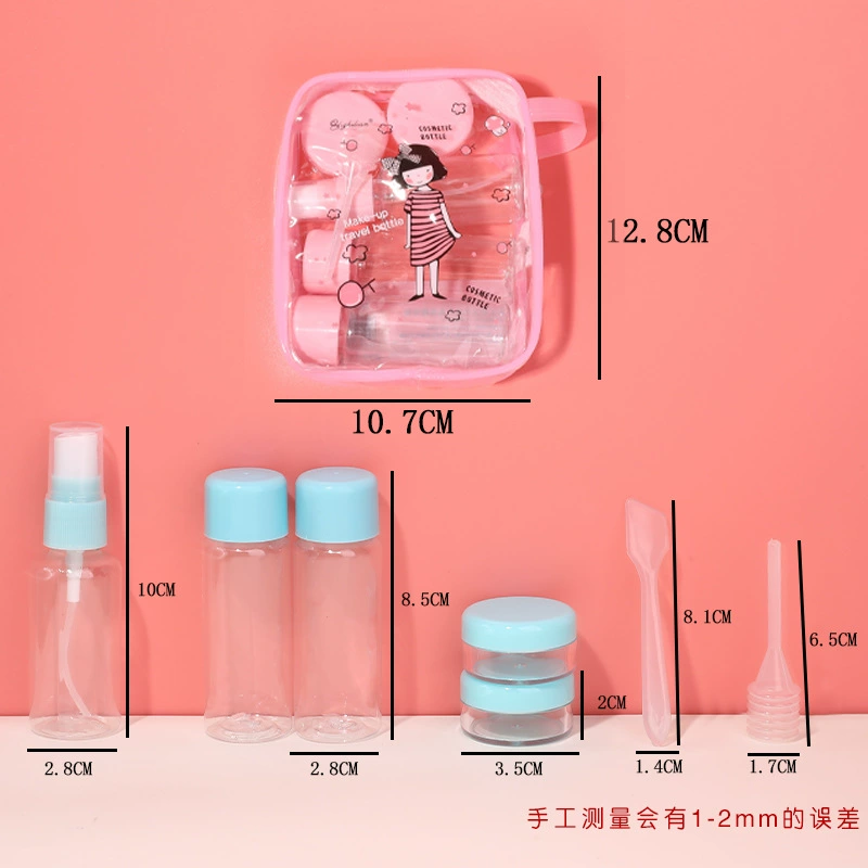 Комплект дорожных косметических бутылочек, 7 предметов жидкок и refill набор с распылителем и насосом, розовый/синий