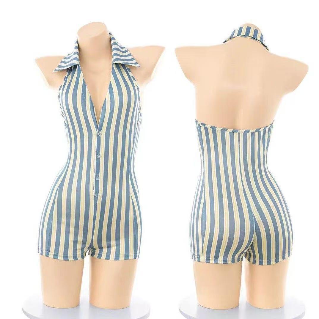 Plus-size Open-crotch Bodysuit, Deep V-neck Backless Striped Lingerie — detail image 5