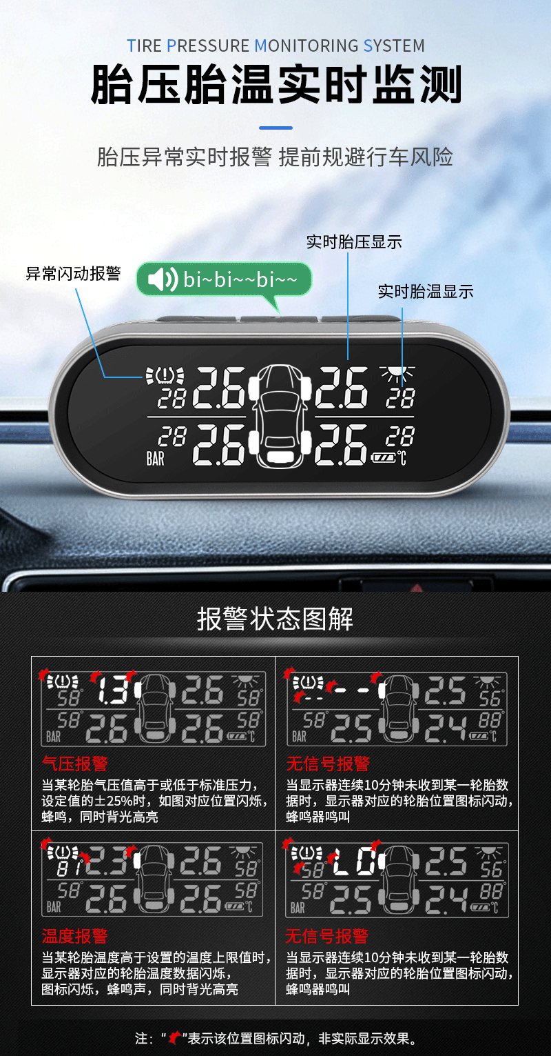 TPMS car tire pressure monitor external sensor solar-powered built-in tire pressure monitoring system tire pressure monitor