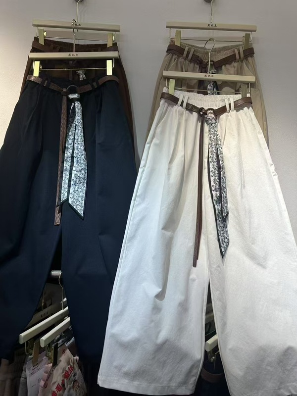 丝巾+飘带钛金棉西装阔腿裤女夏季高腰垂感宽松慵懒风休闲直筒裤|undefined