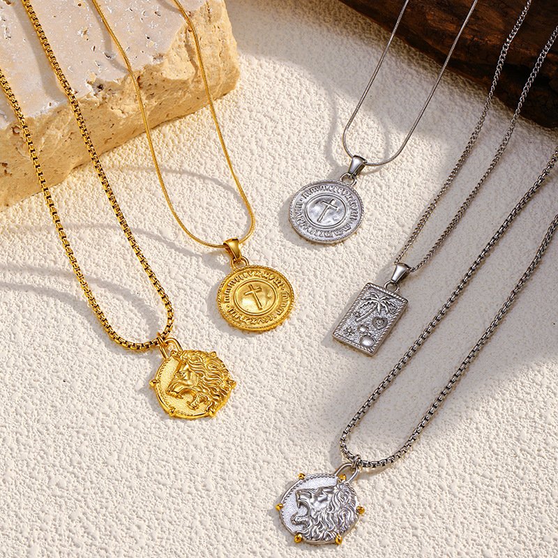 1 Piece Quantity Wholesale Jewelry Elegant Vintage Style Cross Coconut Tree Lion 304 Stainless Steel Mixed Metal Plating Cable Chain Box Chain Snake Chain Pendant Necklace