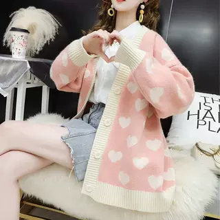 韩版小清新甜美V领宽松毛衣外套女宽松大码爱心温柔撞色针织上衣
