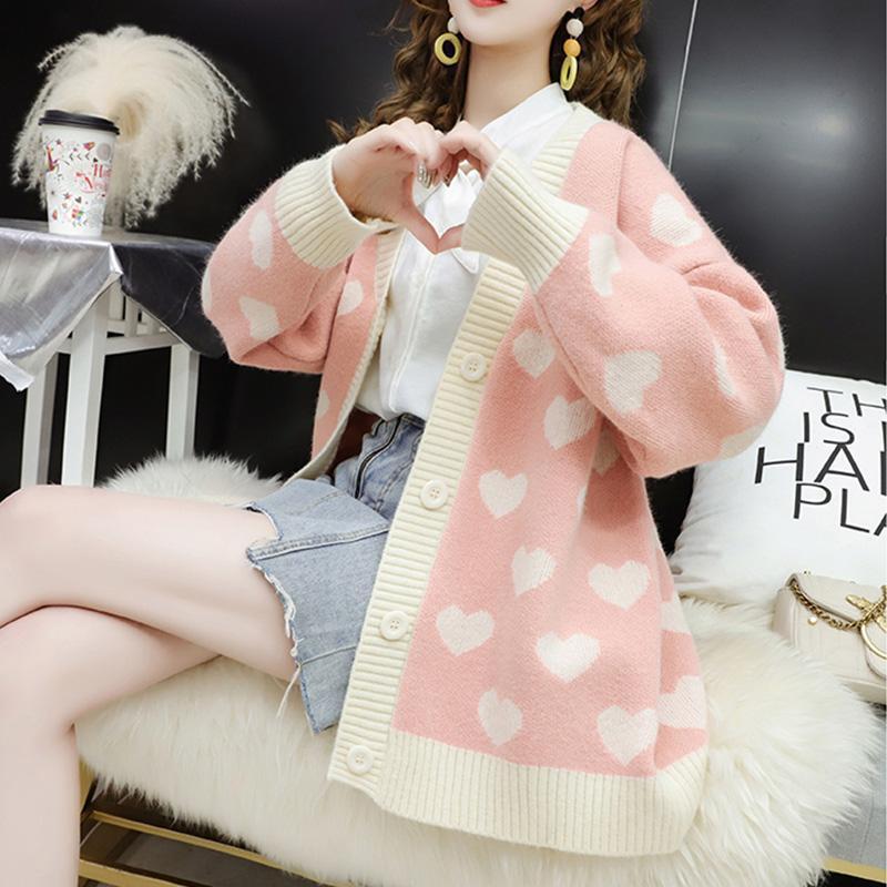 Korean-Style Fresh and Sweet V-Neck Loose Sweater Coat for Women, Loose Plus-Size Heart-Pattern Gentle Color-Blocking Knit Top Korean-Style Fresh and Sweet V-Neck Loose Sweater Coat for Women, Loose Plus-Size Heart-Pattern Gentle Color-Blocking Knit Top