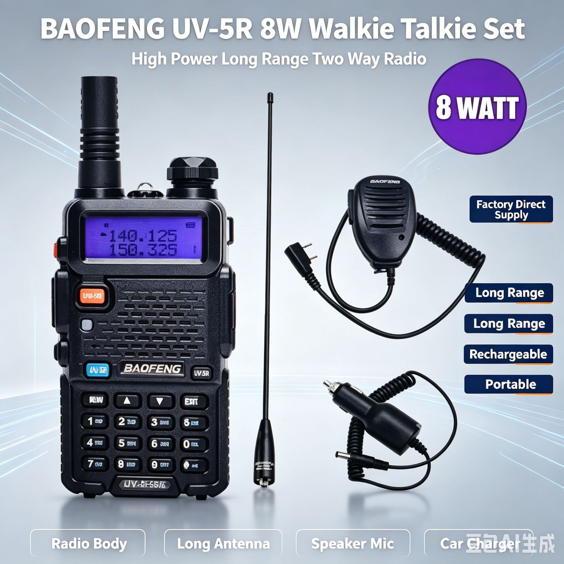 Walkie-talkie Baofeng BF-UV5R, walkie-talkie portátil civil, walkie-talkie de alta potencia para vehículos, ideal para viajes en auto.
