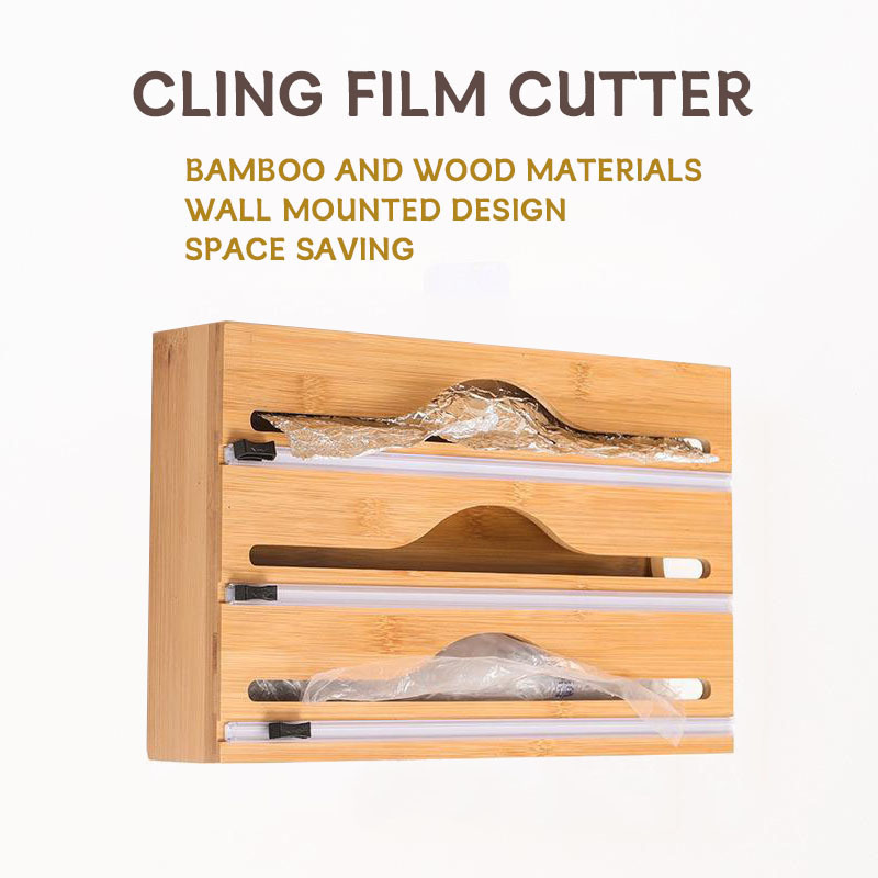 Cross-Border Bamboo Cling Film Cutter Three-In-One Multi-Compartment Tin Foil Storage Box Sliding Knife Wall-Mounted Cutting Box