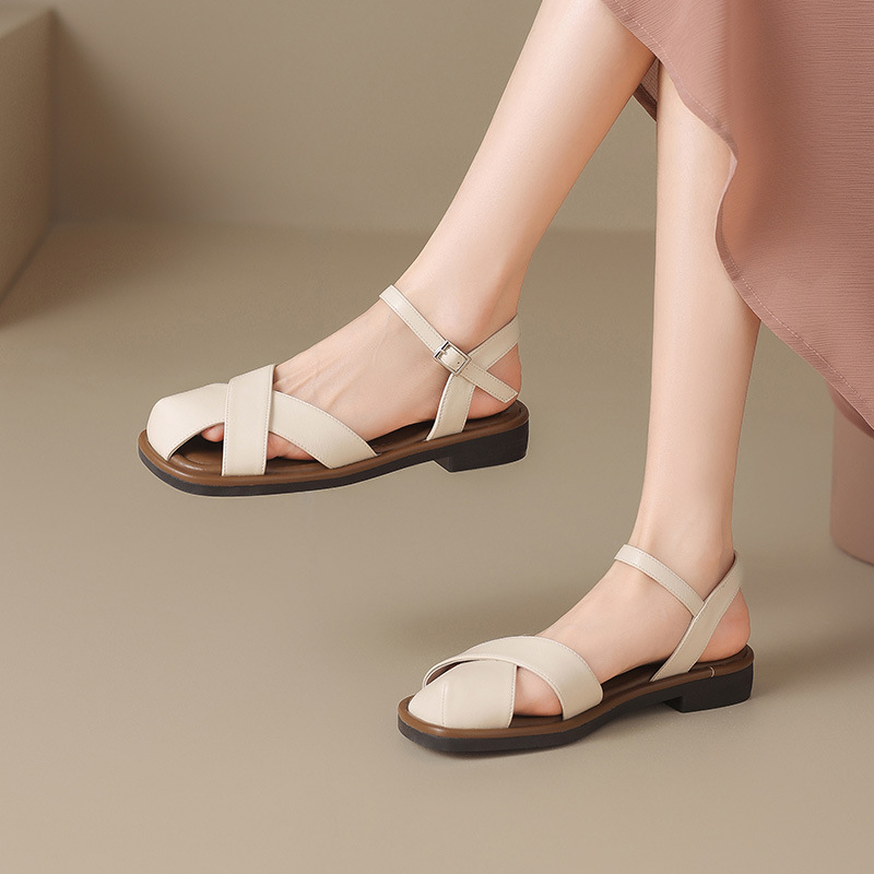 Sandal nữ quai ngang kiểu La Mã phong cách Pháp, mũi hở bán bít, đế bằng thoáng khí — KN38 màu be