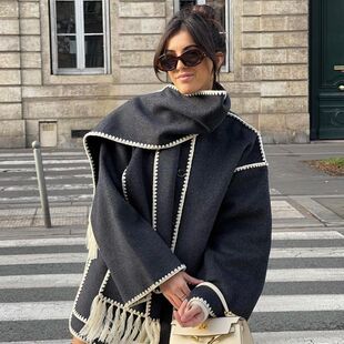 Amazon European and American women's clothing 2023 autumn and winter new fashion woolen coat thickened loose with scarf tassel Women's