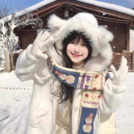 可爱提花雪人流苏围巾2024秋冬新款百搭仿羊绒加厚保暖护颈围脖女