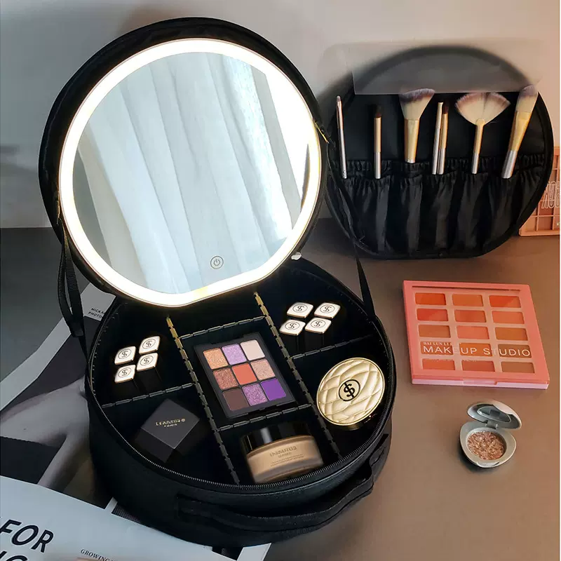 圆形化妆包带镜子带LED灯化妆品收纳盒跟妆化妆箱手提便携旅行包