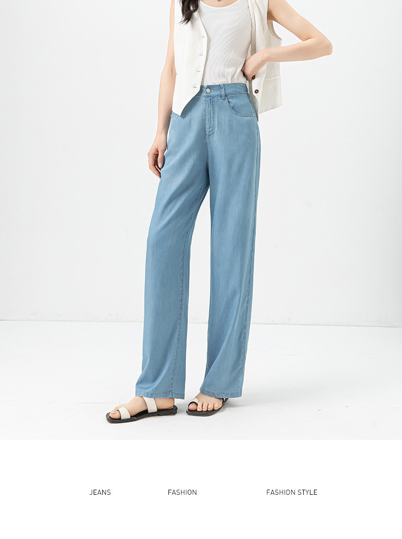 Quần jean ống rộng cạp cao vải Tencel mỏng mùa hè — Màu xanh lam chi tiết 20