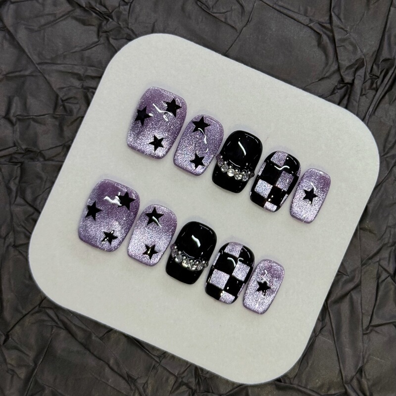 Handmade Purple Star Cat-Eye Nails with Hand-Painted Plaid Glitter Nails, Sweet and Cool Hot Girl Style Student Whitening Manicure Handmade Purple Star Cat-Eye Nails with Hand-Painted Plaid Glitter Nails, Sweet and Cool Hot Girl Style Student Whitening Manicure