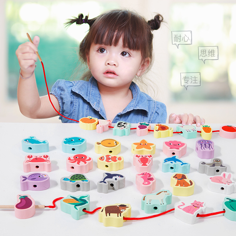 Juguetes de bloques de construcción de entrenamiento de concentración de rompecabezas de cuerda de enhebrado de cuentas para niños bebés 1-2 años 3 cuentas al por mayor