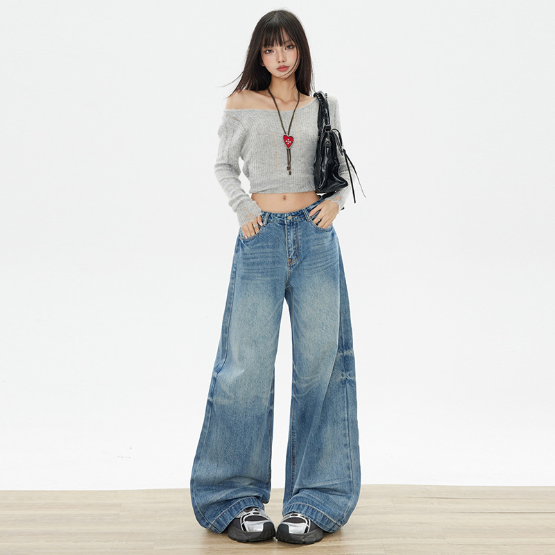 American-Style Washed Jeans for Women, Autumn New Trendy Hong Kong Style, Low-Waisted, Loose Straight-Leg, Drapey, Floor-Length Wide-Leg Pants