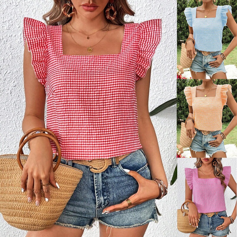 2025 European and American Cross-border Women's Clothing Amazon Independent Station Spring and Summer New Plaid Square Collar Ruffled Shirt Top