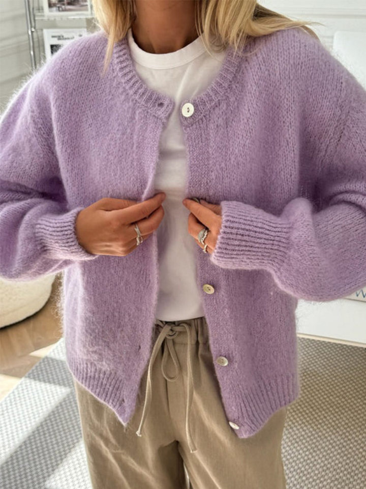 Áo cardigan len dệt kim dáng mỏng nhẹ cài nút một hàng, tay dài cổ tròn nữ — hoa hồng đỏ, màu be, màu cam, màu hoa cà chi tiết 74