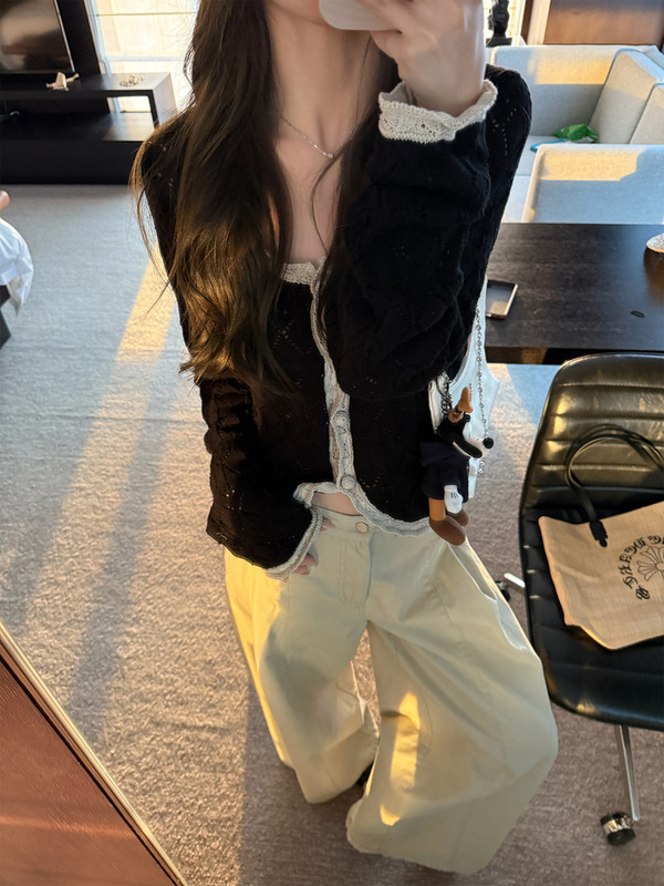 ASHENONLINE 堂吉诃德 拼色针织小开衫秋季复古设计感休闲上衣女|undefined