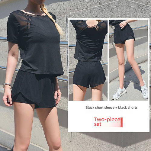 Mesh breathable sportswear set for women, short-sleeved top and shorts, yoga wear, Southeast Asia cross-border running and fitness clothing, quick-drying garment
