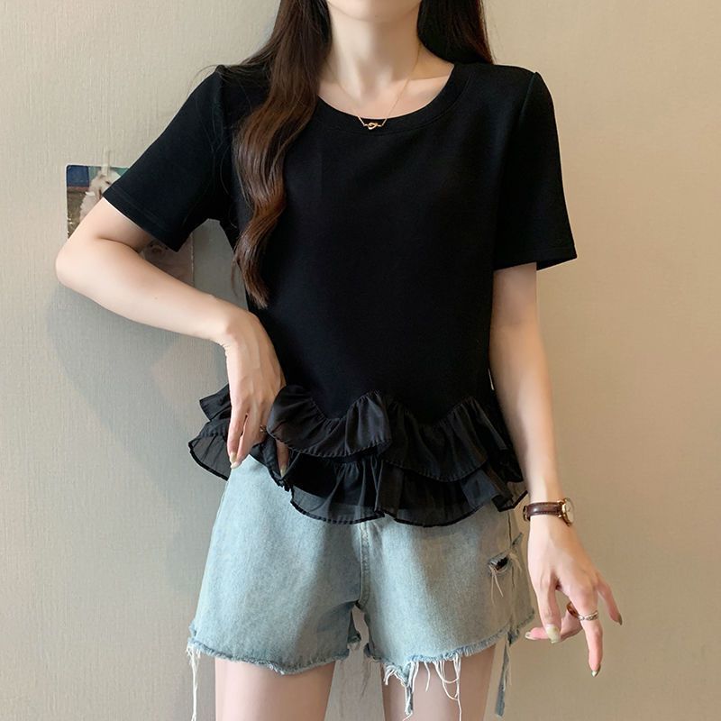 Camiseta de manga corta con costuras con volantes de gran tamaño para mujer 2024 verano nuevo estilo suelto que cubre la carne que es delgada y gorda mm top para mujer ins image 5