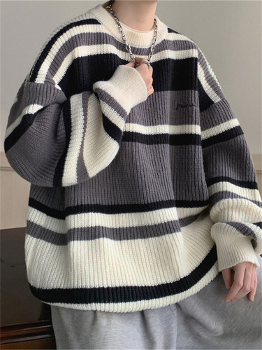 Oversize Relaxed Retro Striped Sweater for Men - Autumn/Winter Knitwear, Loose Men's Outerwear with Thickening
