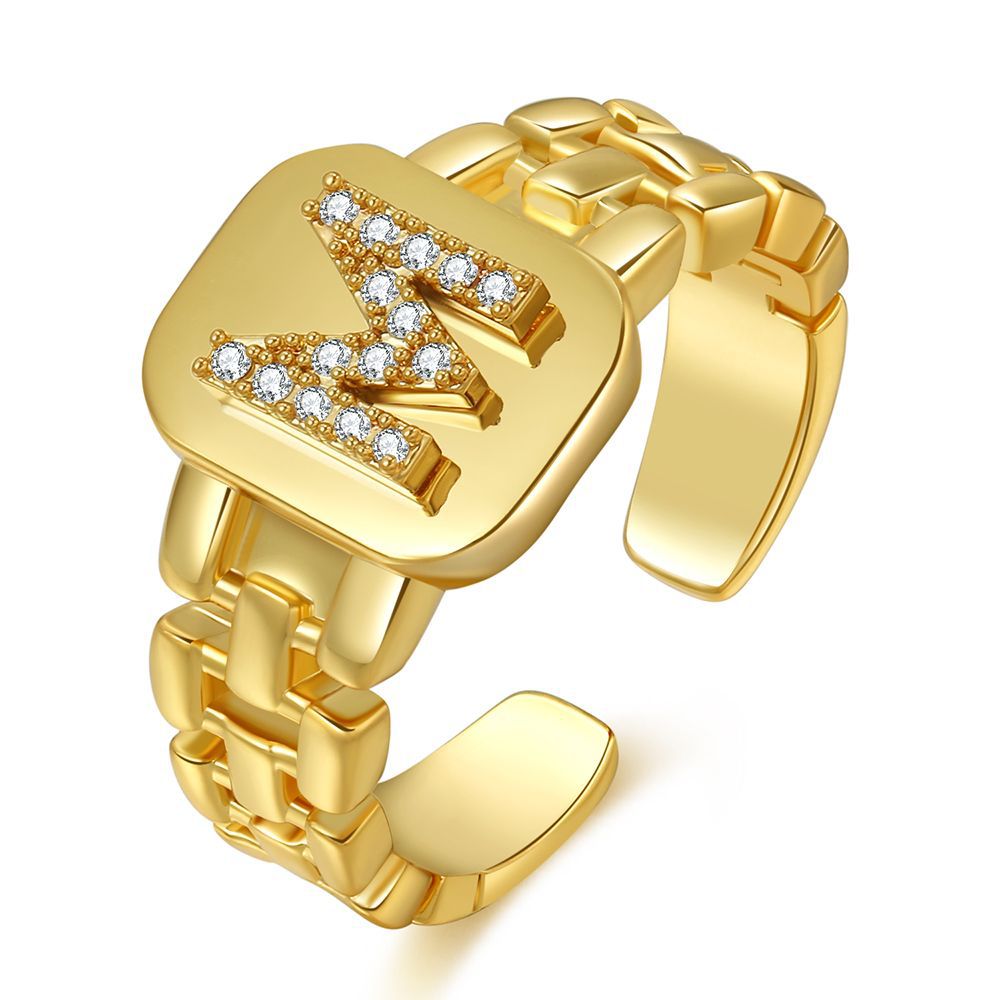 Anillos de letras de moda de bloggers europeos y americanos, joyería chapada en oro con diseño de correa de reloj, anillos de letras abiertos.