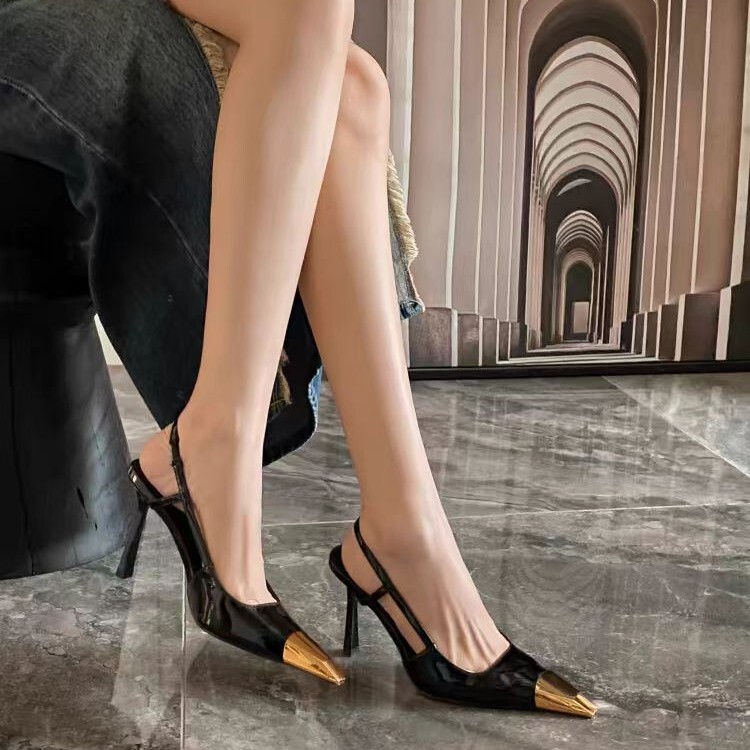 High-heeled shoes women's gold iron-toe socialite Yang Shulin patent leather black women's shoes stiletto heel sexy small square toe covered sandals