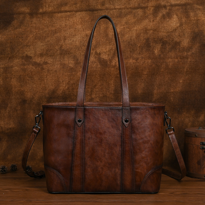 Túi tote nữ da bò cao cấp phong cách retro, dung tích lớn, đeo vai/nách — Màu nâu cổ điển, Màu Cà phê cổ điển, Màu đen cổ điển