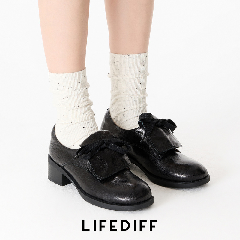 Autumn and Winter Yarn Pile Socks with Small Leather Shoes Vertical Pattern Light Gray Cotton Socks Spring & Fall Socks Women's Mid-Tube 25256