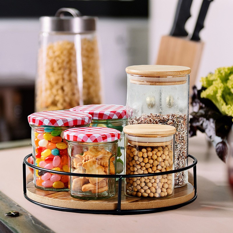 Amazon's hot-selling iron wooden rotating storage rack kitchen seasoning jar tray storage and organizing rack can be rotated