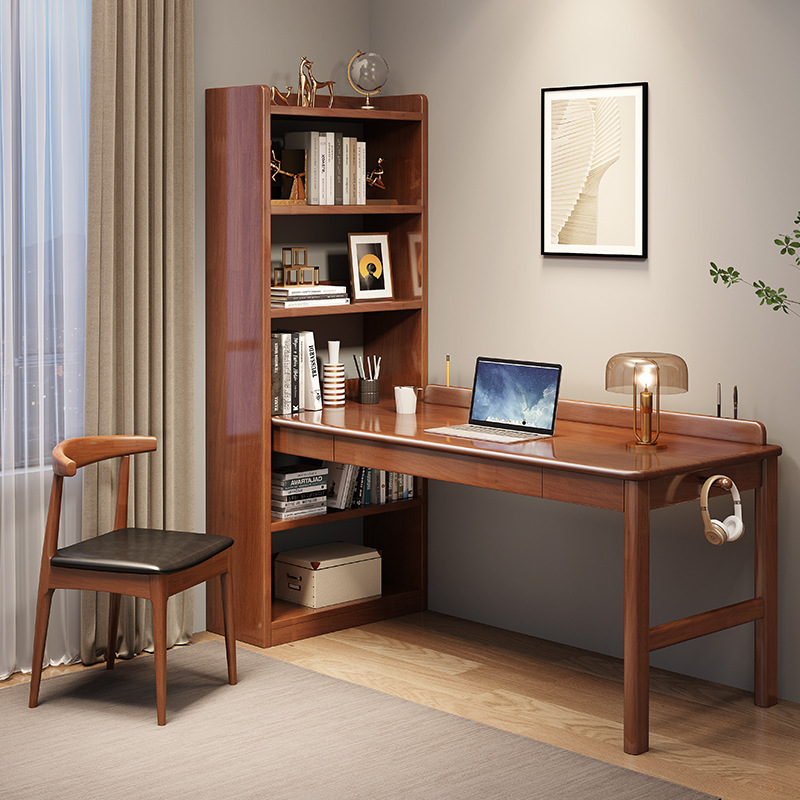 Solid Wood Home Desktop Computer Desk Bedroom with Bookshelf Writing Desk Study Student's Combined Office Learning Desk