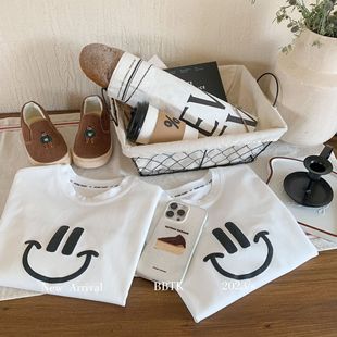 Children's T-Shirt 2025 Bangcheng Autum New Product for Boys and Girls K-Style Big Smiling Face White T-Shirt Loose Top F0035