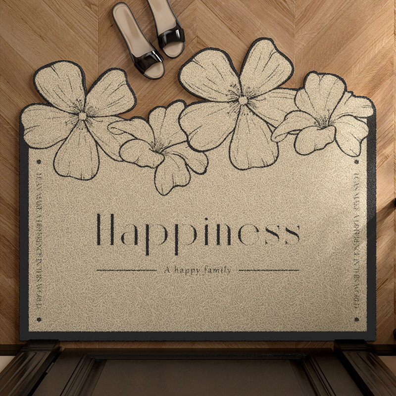 Black Floral European-Style Vintage Entrance Door Mat, Silk Loop Dust-Removing Foot Mat, Foyer Pvc Mat, Entrance Carpet