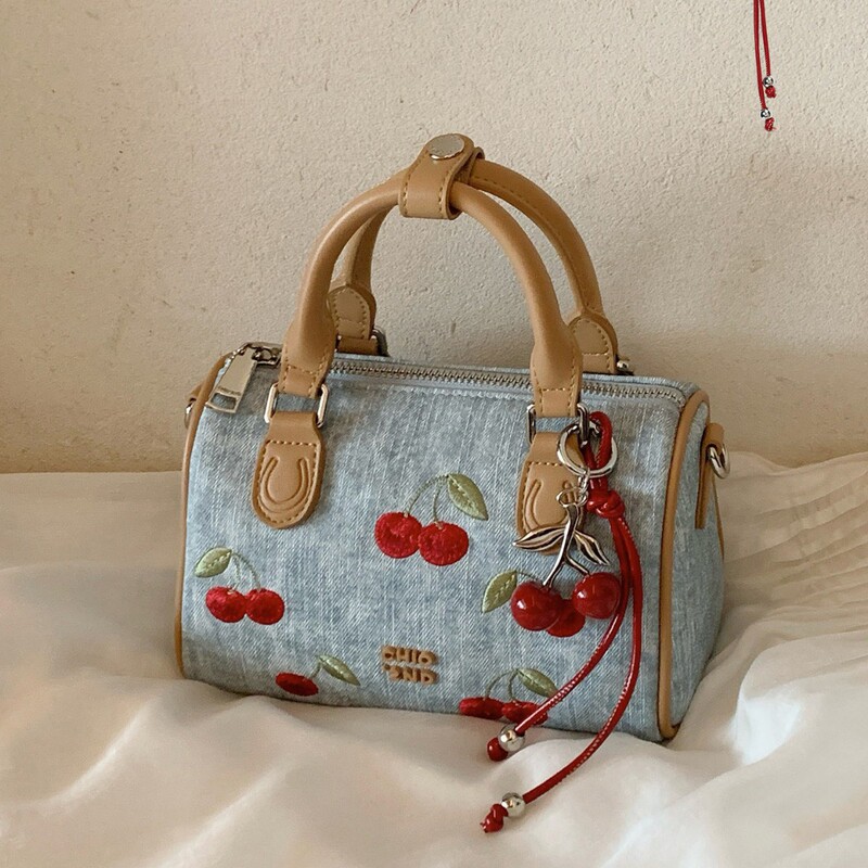 Nanfeng Chio2Nd Sweetheart Cherry Handbag Women's Denim Blue Boston Bag Super Popular Small Work Bag