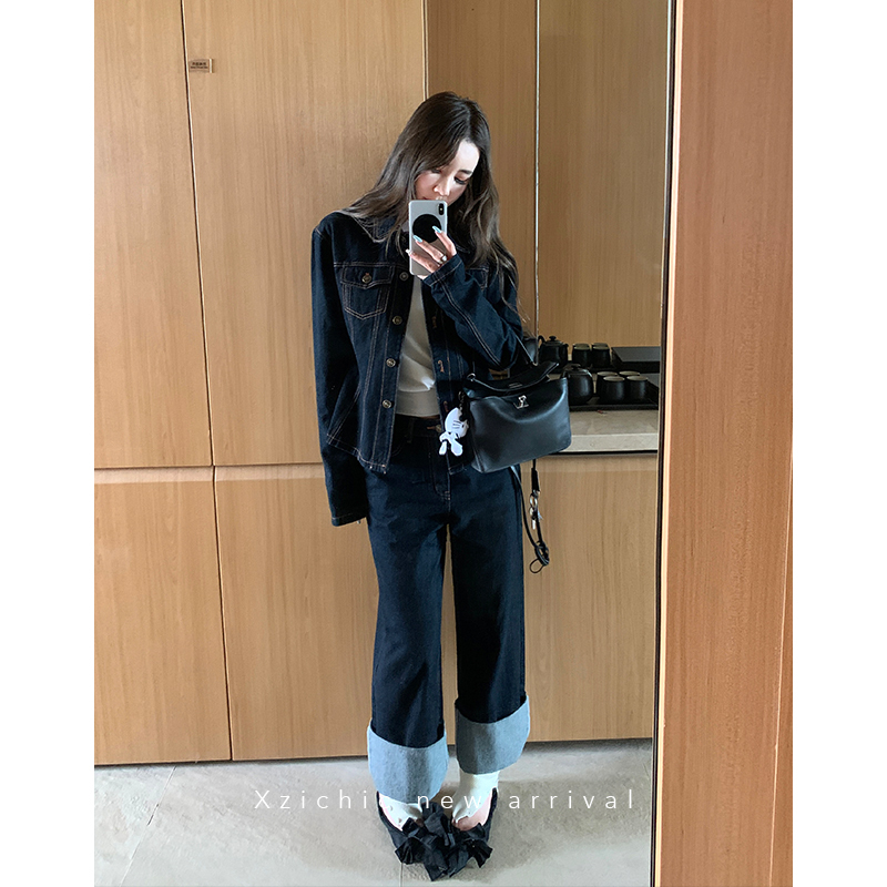 Cross-Border Fashionable Top Student American Casual Navy Blue Denim Jacket Jacket/Jeans Set
