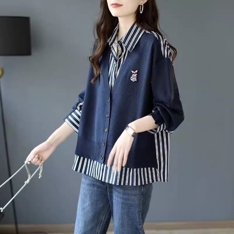 European Style Autumn and Winter New Korean Version Fake Two-Piece Patchwork Knit Sweater for Women with a Stylish Striped Shirt Versatile Top European Style Autumn and Winter New Korean Version Fake Two-Piece Patchwork Knit Sweater for Women with a Stylish Striped Shirt Versatile Top