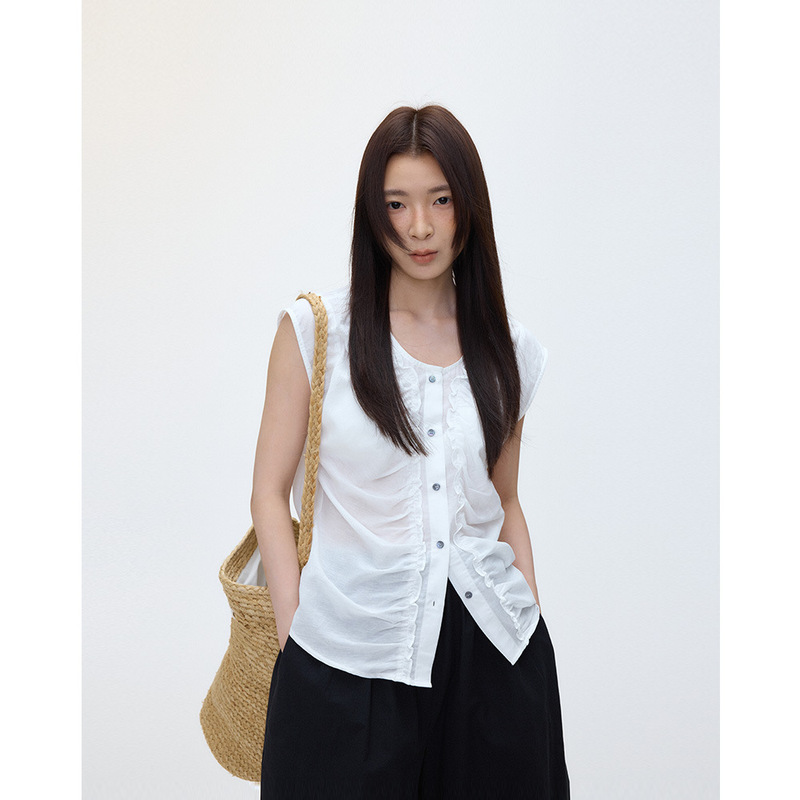 EVERTRUE Linen Small Shirt Women's 2025 Summer New Korean Style Slim Fit Sleeveless Cotton White Top 71213