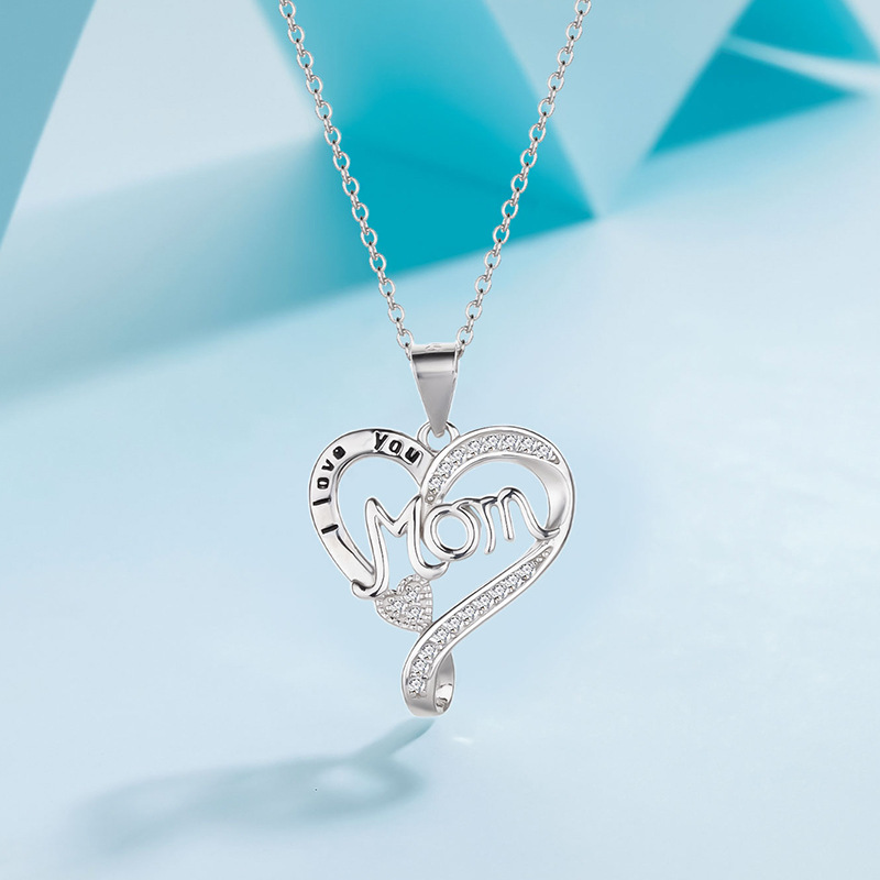 Mother'S Day Festival 925 Sterling Silver Rhinestones Plating Letter Heart Shape Pendant Necklace