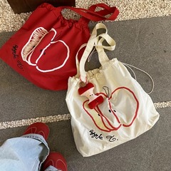 かわいいアップルキャンバスバッグ、レイジースタイルプリント、女性用、新しい大容量、シングルショルダー、学生、通勤、カジュアル、多用途