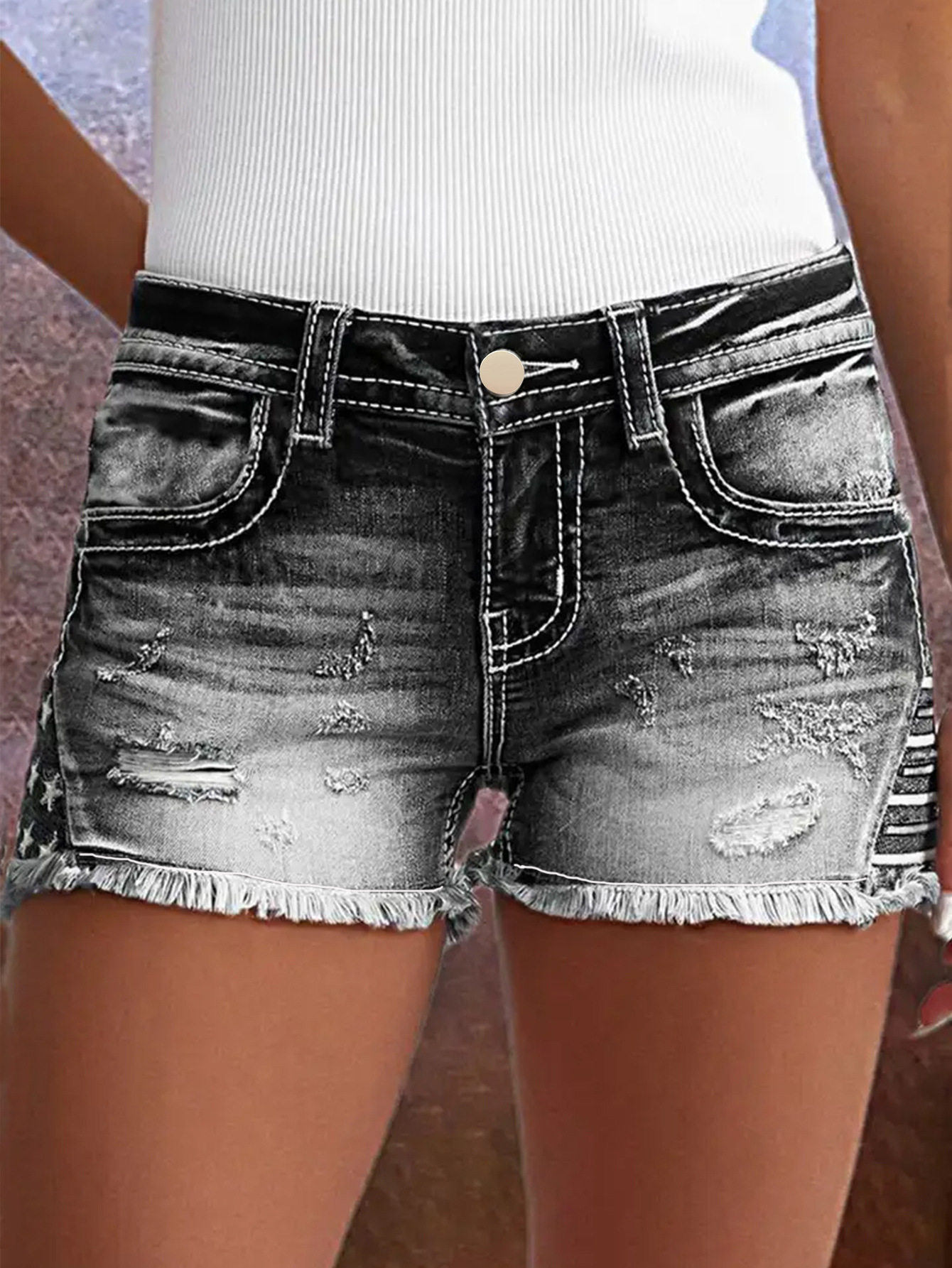 Women's European And American Fashion Ins Hot Style Elastic Patch Embroidered Ripped Denim Shorts_ecoleips.com