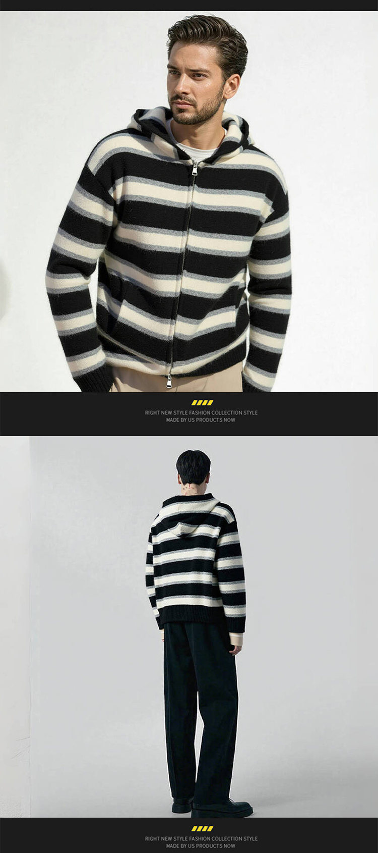 Men's Striped Hooded Sweater – Oversized Knit Pullover (Thickened Fleece Lining, Drop Shoulder, Ribbed Hem, Machine Washable, Streetwear Essential)​_voghion.com